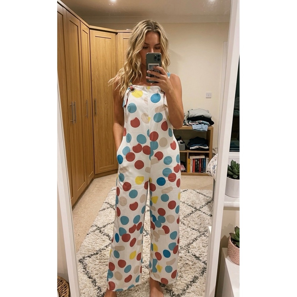 Shein X Colorful Polka Dot Wide Leg Jumpsuit Womens White Multi Tie Strap Medium